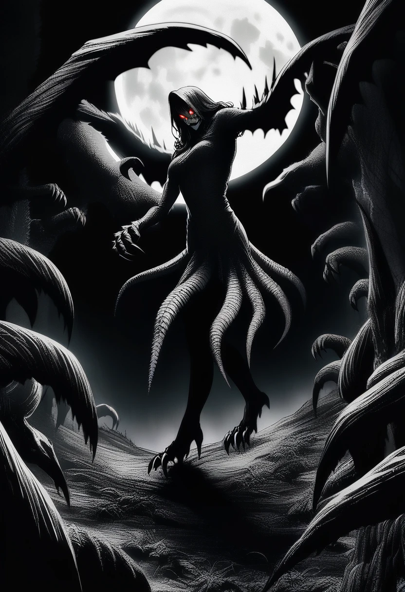 beware, dark forest, full moon, night sky, menacing expression, sharp claws, glowing eyes, dramatic lighting, horror theme, vintage style, cinematic effects, eerie atmosphere, ominous text, dynamic pose, high contrast, intricate details, horror movie, detailed background, text
