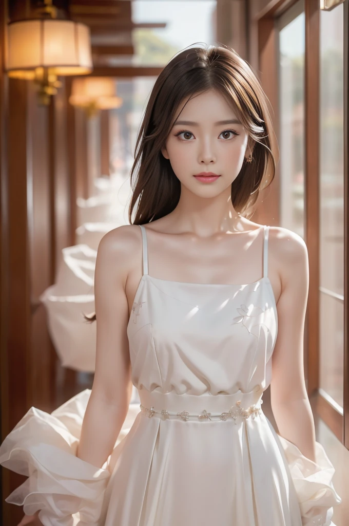 Long Shot, Full body image, (bra:0.1),(8k wallpaper, masterpiece, Highest quality, Super detailed), (Better lighting, Better Shadows, Very delicate and beautiful), floating, High saturation, Dynamic Angle, ((One girl)), nice, Ningguang City(Orchid Evening Dress) Gray Hair, Red eyes, Very long hair, hair ornaments, bangs, (Skin wrinkles:1.3), (Downy hair:1.3),
