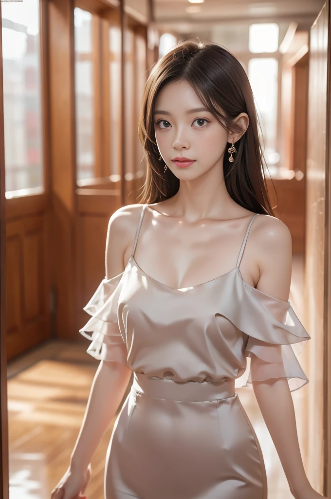 Long Shot, Full body image, (bra:0.1),(8k wallpaper, masterpiece, Highest quality, Super detailed), (Better lighting, Better Shadows, Very delicate and beautiful), floating, High saturation, Dynamic Angle, ((One girl)), nice, Ningguang City(Orchid Evening Dress) Gray Hair, Red eyes, Very long hair, hair ornaments, bangs, (Skin wrinkles:1.3), (Downy hair:1.3),