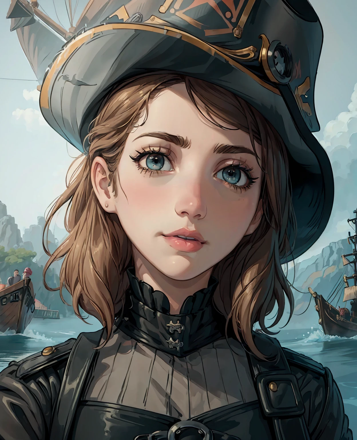 a pirate woman, Emily Rudd, detailed facial features, beautiful eyes, detailed lips, long eyelashes, intricate pirate costume, leather gloves, pirate hat, pirate ship, stormy sea, dramatic lighting, cinematic, dark and moody, color grading, high contrast, gritty, realistic, 8k, high quality, masterpiece