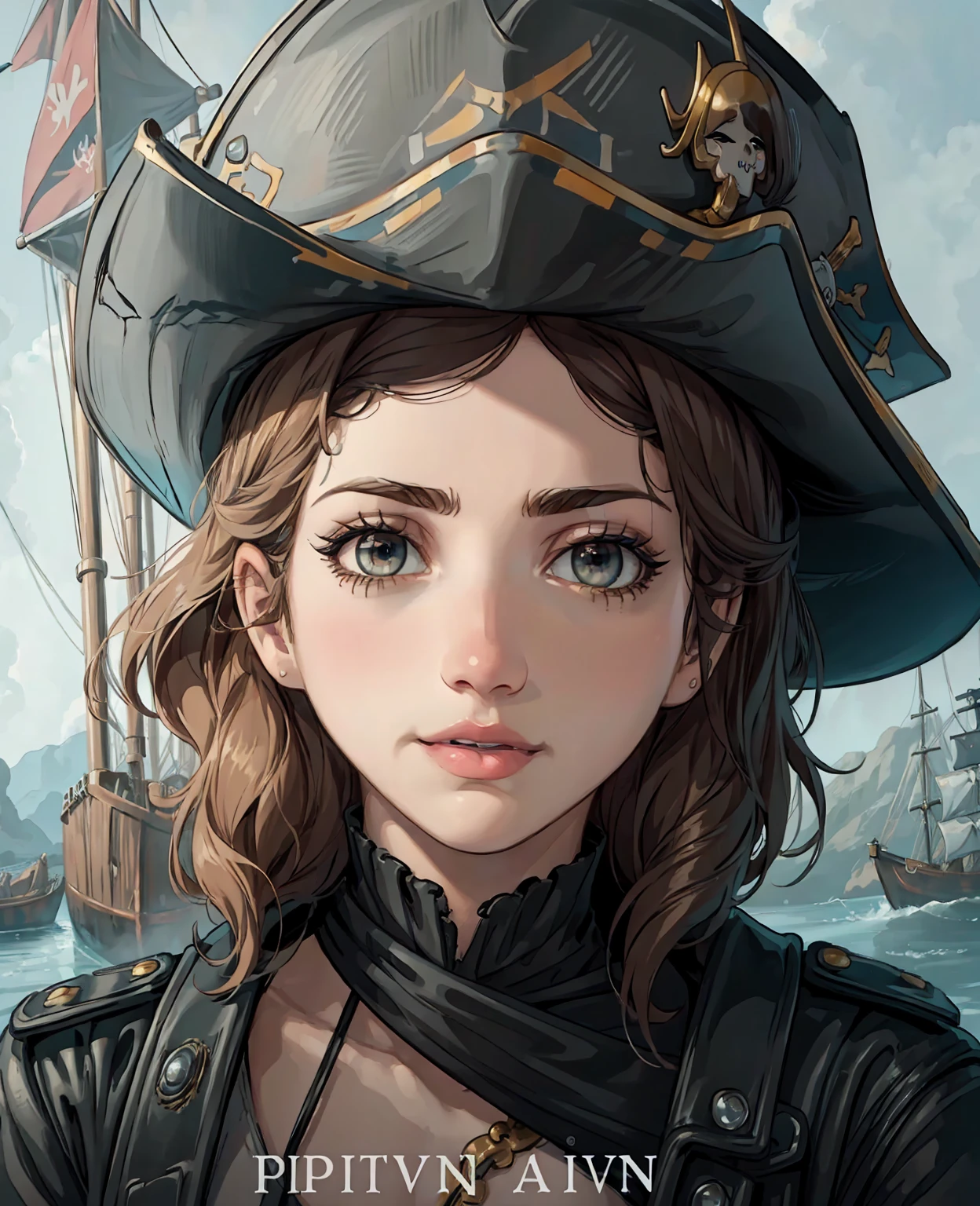 a pirate woman, Emily Rudd, detailed facial features, beautiful eyes, detailed lips, long eyelashes, intricate pirate costume, leather gloves, pirate hat, pirate ship, stormy sea, dramatic lighting, cinematic, dark and moody, color grading, high contrast, gritty, realistic, 8k, high quality, masterpiece