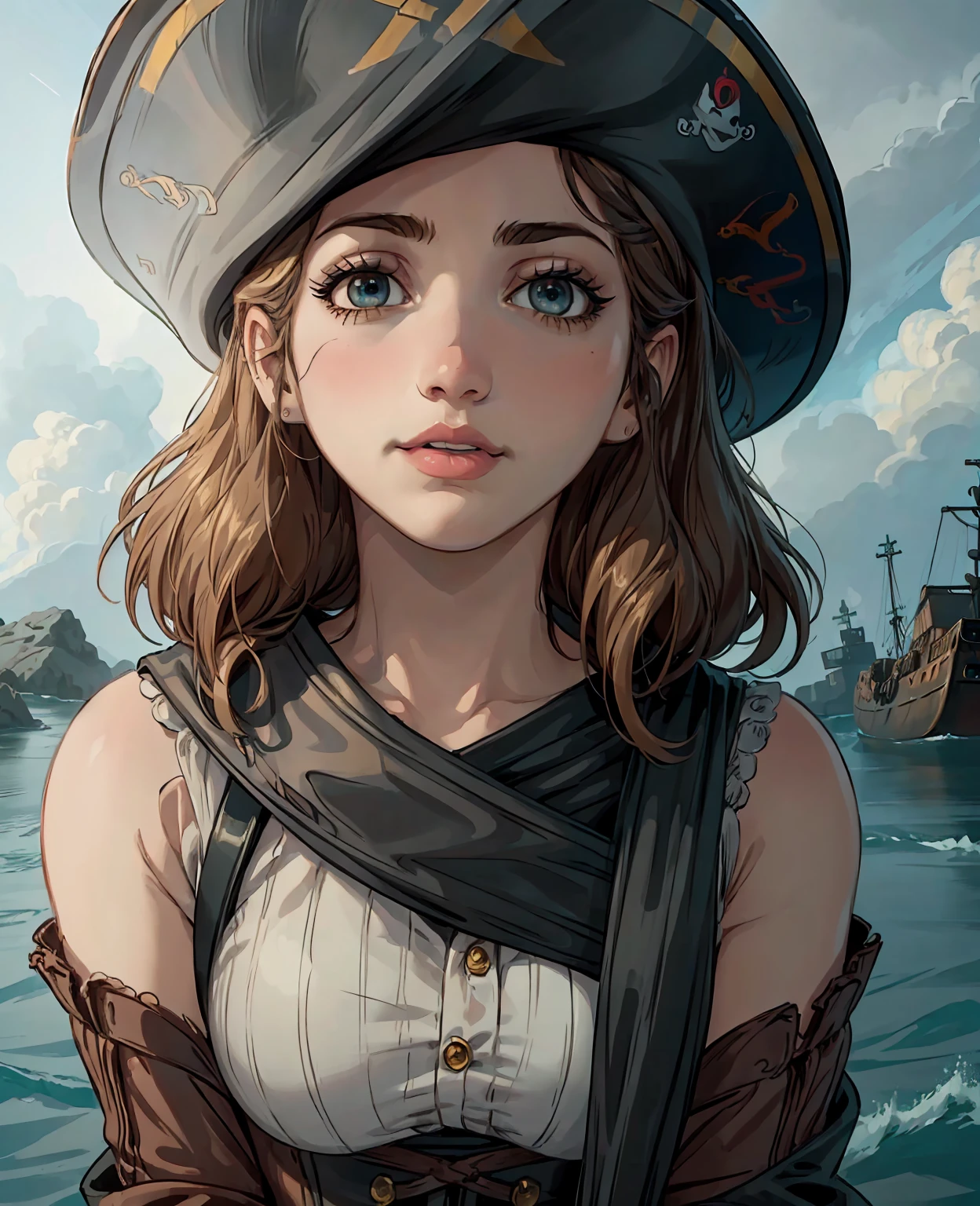 a pirate woman, Emily Rudd, detailed facial features, beautiful eyes, detailed lips, long eyelashes, intricate pirate costume, leather gloves, pirate hat, pirate ship, stormy sea, dramatic lighting, cinematic, dark and moody, color grading, high contrast, gritty, realistic, 8k, high quality, masterpiece