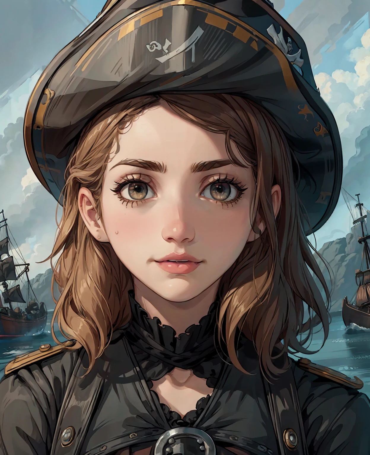 a pirate woman, Emily Rudd, detailed facial features, beautiful eyes, detailed lips, long eyelashes, intricate pirate costume, leather gloves, pirate hat, pirate ship, stormy sea, dramatic lighting, cinematic, dark and moody, color grading, high contrast, gritty, realistic, 8k, high quality, masterpiece