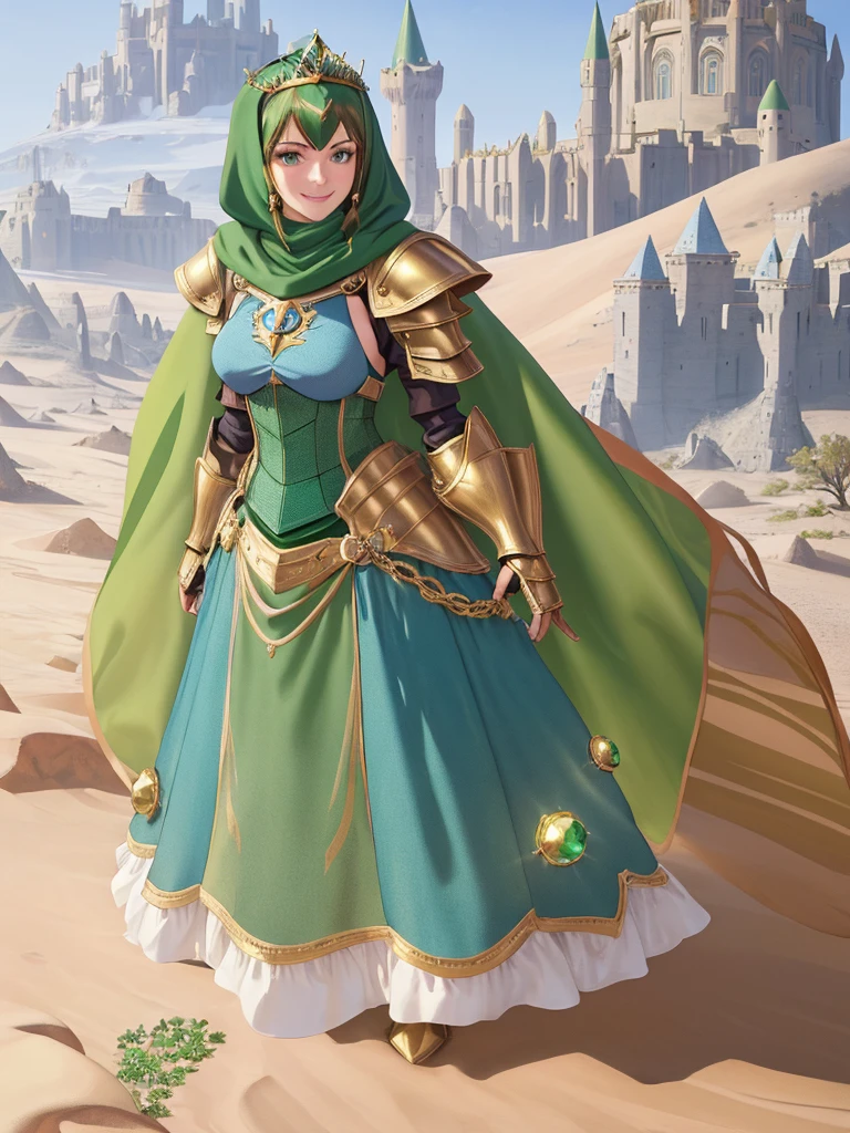 masterpiece, best quality:1.2), 1girl, smile, looking at viewer, green eyes, short brown hair, princess, armor, blue hijab headscarf, pauldrons, armored dress, green cloak cape, wearing puffy blue ballgown skirt, golden tiara with green gem, armored boots, fingerless gloves, standing in front of desert castle