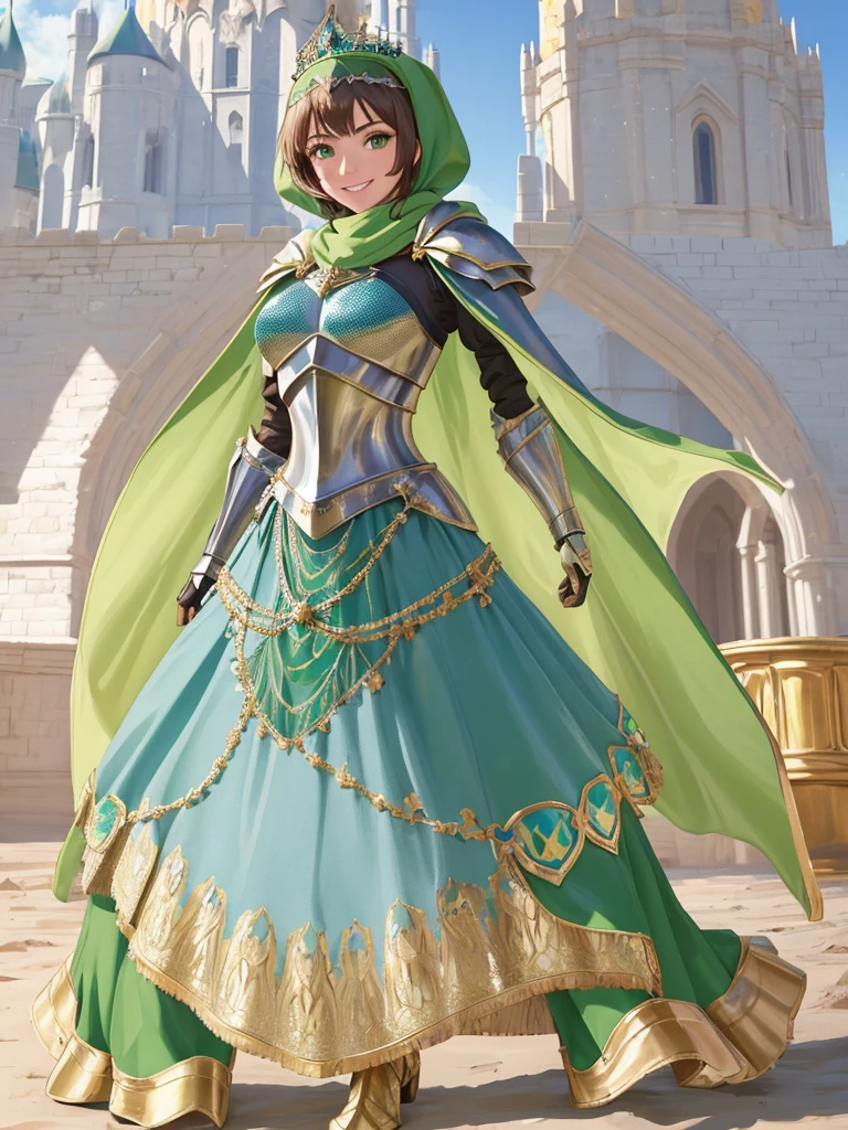 masterpiece, best quality:1.2), 1girl, smile, looking at viewer, green eyes, short brown hair, princess, armor, blue hijab headscarf, pauldrons, armored dress, green cloak cape, wearing puffy blue ballgown skirt, golden tiara with green gem, armored boots, fingerless gloves, standing in front of desert castle