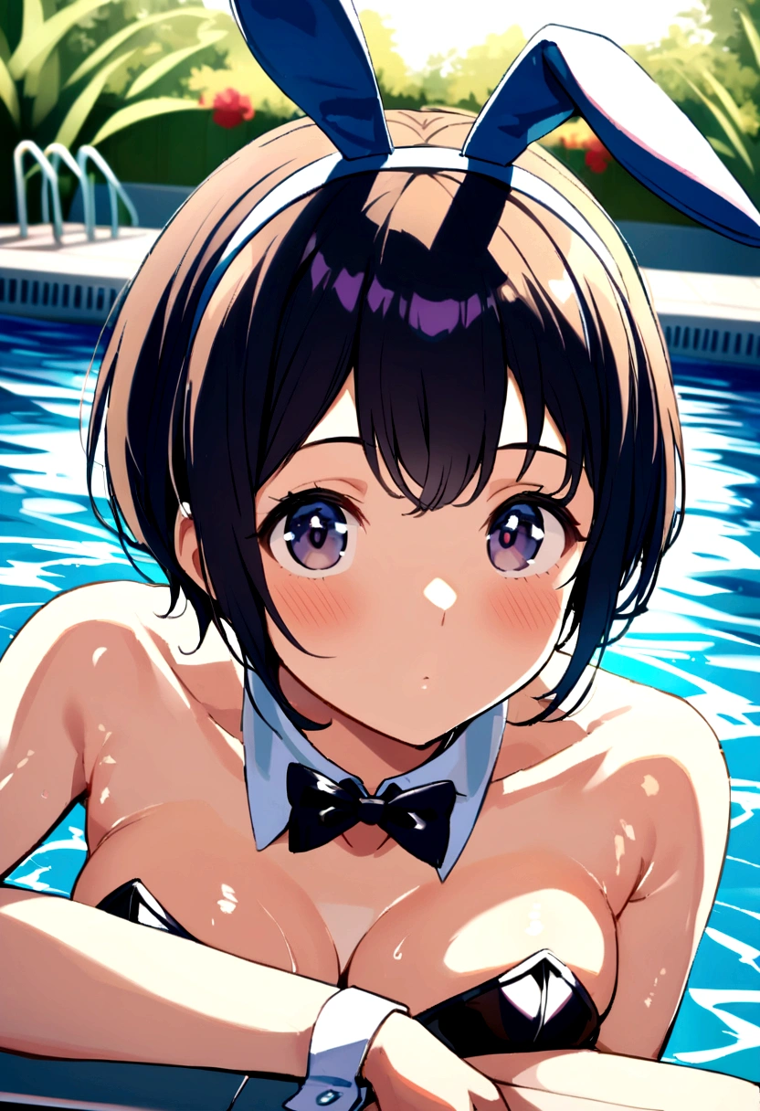 hinata, , short hair, face looking at viewer, sexy bunny, playboy. pool, sunny,
