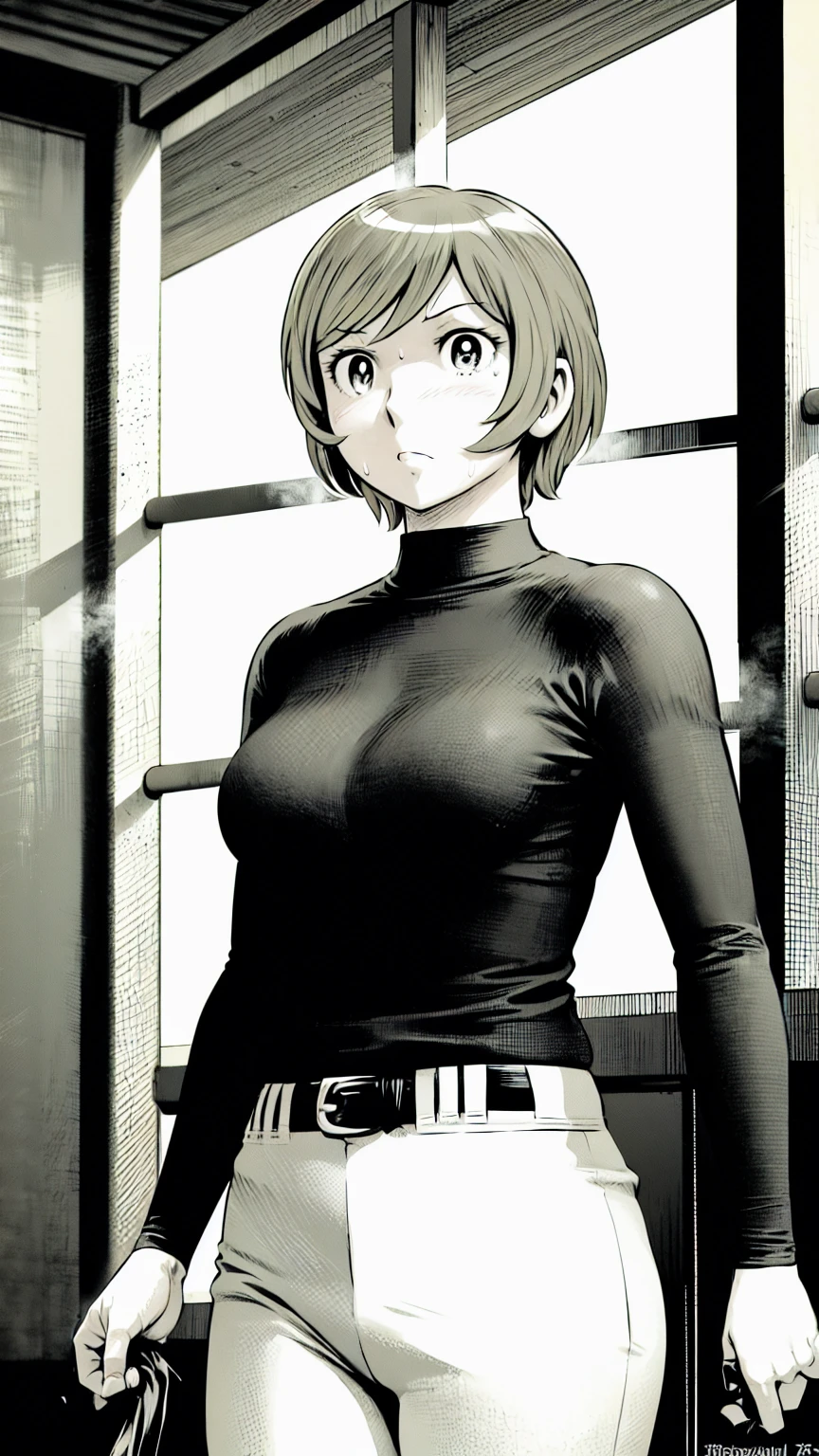 (野球uniform:1.2),
Blonde Hair, (short hair:1.2),Long sleeve, Black Shirt, turtleneck,White trousers、uniform、Black belt、((Illustration of people))、Big 、
View Audience,, (Highest quality:1.3),One Girl, White pants、uniform、Outdoor、baseball ground、ground、soil、blue eyes、Tight black shirt、(masterpiece、Highest quality)、Highest quality, Ultra-high resolution, (((masterpiece))), alone, Sweat、Big eyes、Big Breasts、One Girl, Front view、Embarrassed face、Bronze colored hair、((short hair))、Stand up straight