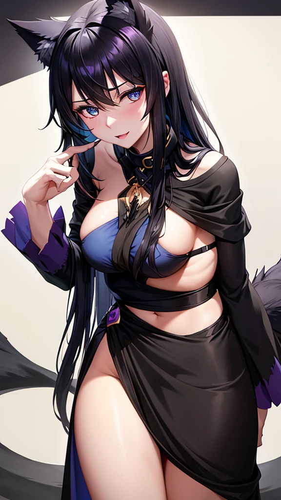 An adult woman, half wolf and dragon, black hair, black wolf ears, black dragon tail, blue eyes, has a collar with a little golden heart, very shy, wide breasts, black and purple dress