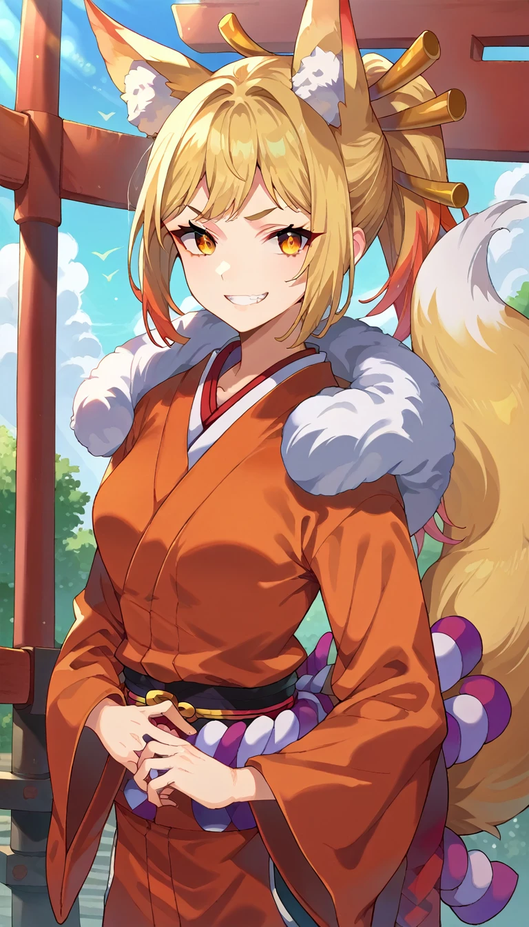 score_9, score_8_up, score_7_up, score_6_up, score_5_up, score_4_up, source anime, 1girl, tail, animal ears, Yamato, fox tail, fox ears, solo, fur trim, yellow eyes, bangs, shiny hair, kimono, hair ornament, shiny, multicolored hair, long sleeves, short hair, teeth, parted lips, wide sleeves, grin, upper body, torii