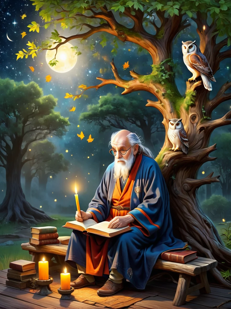 Astrologer Old Man，Personifying the abstract concept of wisdom，Depicting an old oak tree with deep roots and leaves，Represents the depth and breadth of knowledge，An old Caucasian astrologer in a robe is sitting on a rustic wooden bench next to him，Perform divination actions quietly，An old leather-bound book of horoscopes，Symbols of wisdom are scattered around，Such as an owl sitting on a tattoo branch and a group of glowing candles，Cast soft shadows，The setting sun in the background symbolizes the passage of time，This is an important aspect of gaining wisdom.