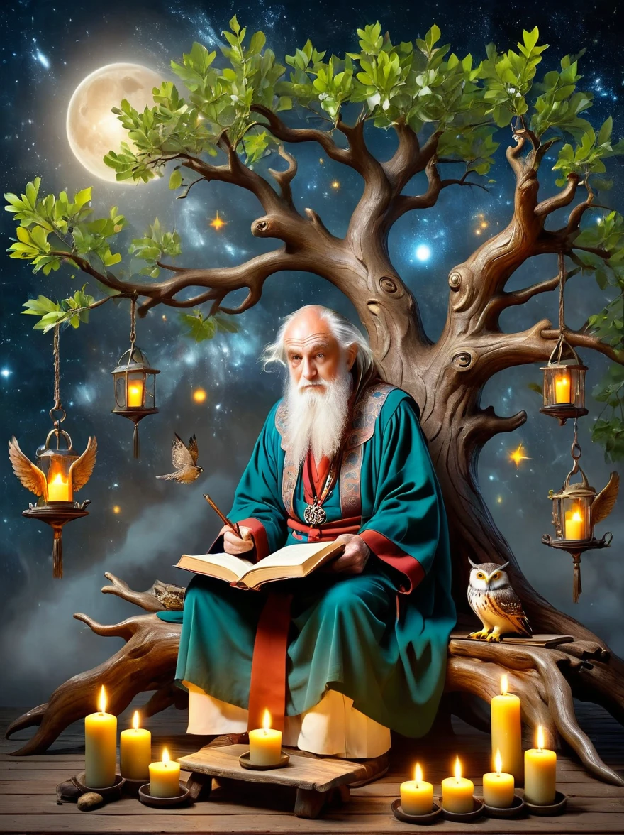 Astrologer Old Man，Personifying the abstract concept of wisdom，Depicting an old oak tree with deep roots and leaves，Represents the depth and breadth of knowledge，An old Caucasian astrologer in a robe is sitting on a rustic wooden bench next to him，Perform divination actions quietly，An old leather-bound book of horoscopes，Symbols of wisdom are scattered around，Such as an owl sitting on a tattoo branch and a group of glowing candles，Cast soft shadows，The setting sun in the background symbolizes the passage of time，This is an important aspect of gaining wisdom.