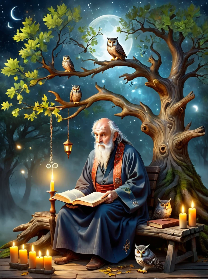 Astrologer Old Man，Personifying the abstract concept of wisdom，Depicting an old oak tree with deep roots and leaves，Represents the depth and breadth of knowledge，An old Caucasian astrologer in a robe is sitting on a rustic wooden bench next to him，Perform divination actions quietly，An old leather-bound book of horoscopes，Symbols of wisdom are scattered around，Such as an owl sitting on a tattoo branch and a group of glowing candles，Cast soft shadows，The setting sun in the background symbolizes the passage of time，This is an important aspect of gaining wisdom.