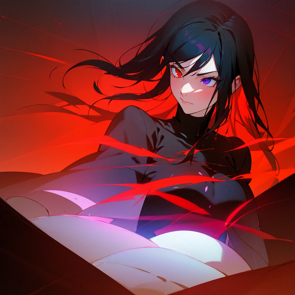 Adult female with cool red-purple heterochromia eyes, beautiful woman, perfect face,  wearing a red dress, long black hair (top quality, 8k, high, masterpiece), highly detailed facial features, intricate details, natural lighting, warm color, soft focus, digital painting, fantasy art, silhouette, red light, eerie atmosphere, foggy, Scythe, weapon, red aura, black particles, big breasts.