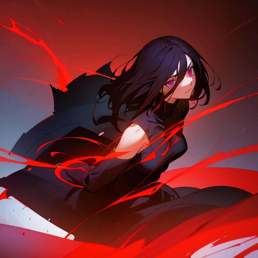 Adult female with cool red-purple heterochromia eyes, beautiful woman, perfect face,  wearing a red dress, long black hair (top quality, 8k, high, masterpiece), highly detailed facial features, intricate details, natural lighting, warm color, soft focus, digital painting, fantasy art, silhouette, red light, eerie atmosphere, foggy, Scythe, weapon, red aura, black particles, big breasts.