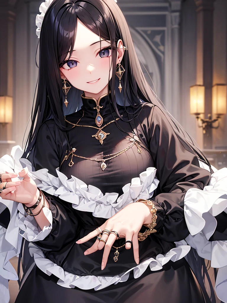 Long black hair、Half Up、black eye、woman、Face close-up、smile、European Castles、dress、Earrings、necklace、bracelet、ring、Decorations、Light