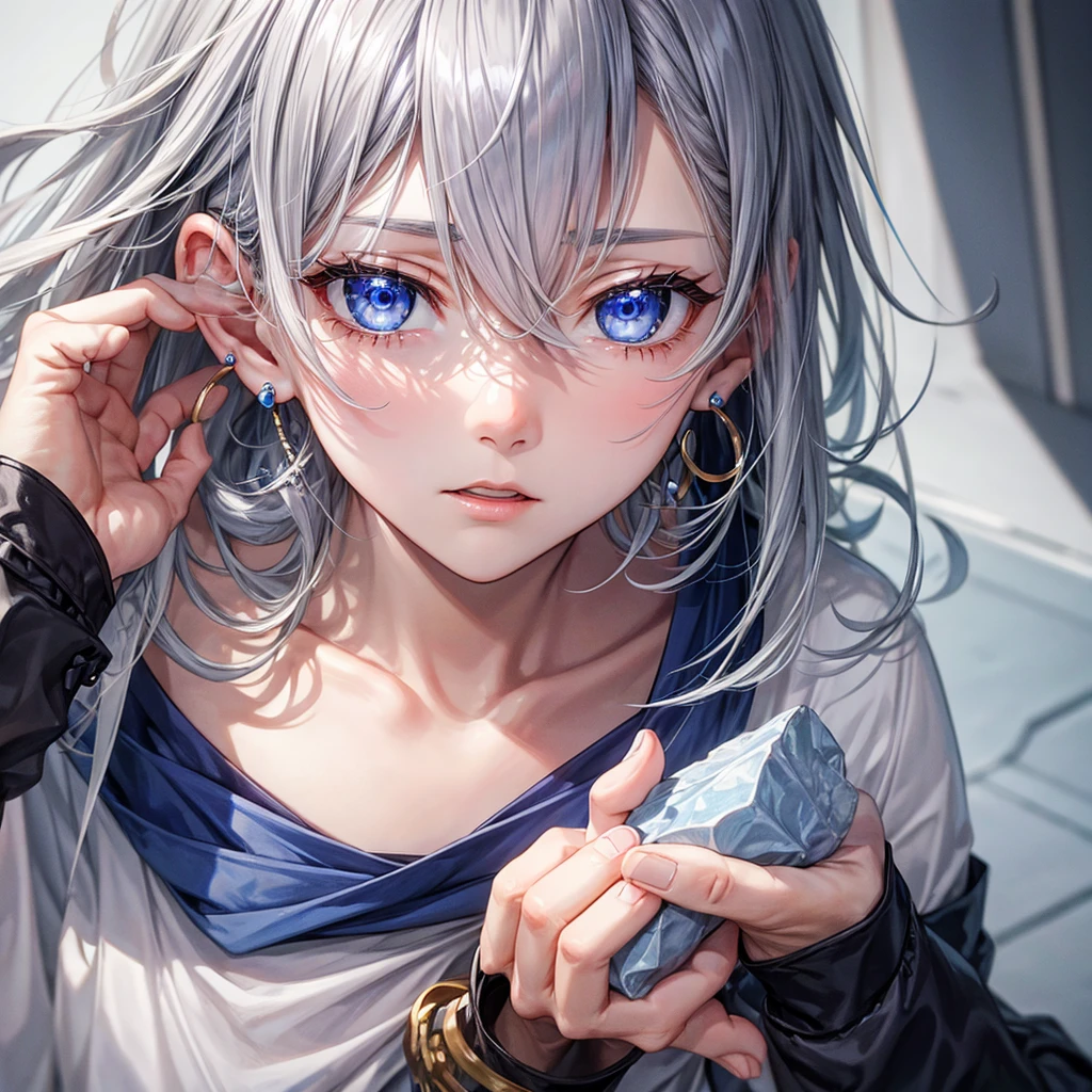 Gray Hair、blue eyes、boy、Earrings、Healing、Prince