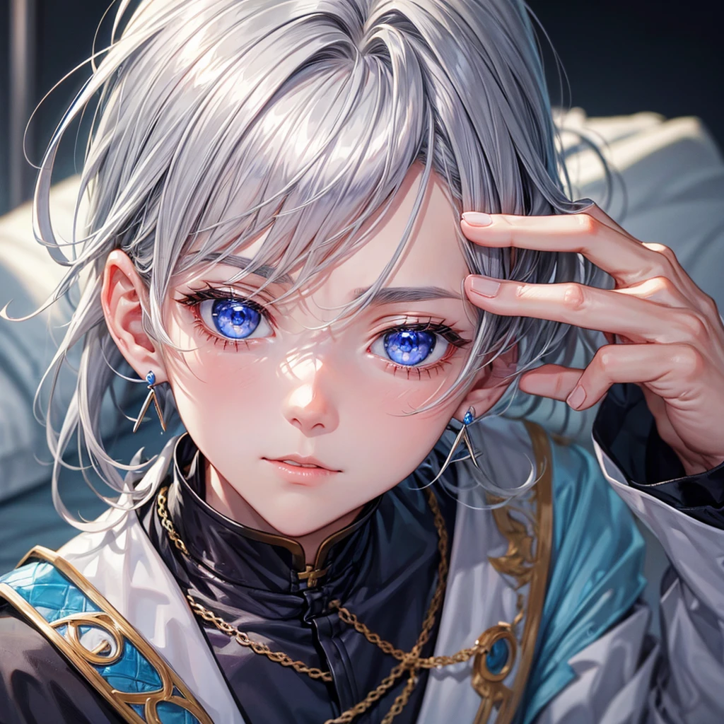 Gray Hair、blue eyes、boy、Earrings、Healing、Prince
