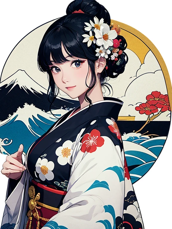 (Highest quality、masterpiece、High resolution、8K)、Ukiyo-e、Vibrant colors、Katsushika Hokusai、1 female、Black hair Japanese topknot、whole body、The kimono has a vivid floral pattern on a white background.、Official Art、背景はUkiyo-e風、White waves and Mt. Fuji、Flowers and Moon、White waves and the moon