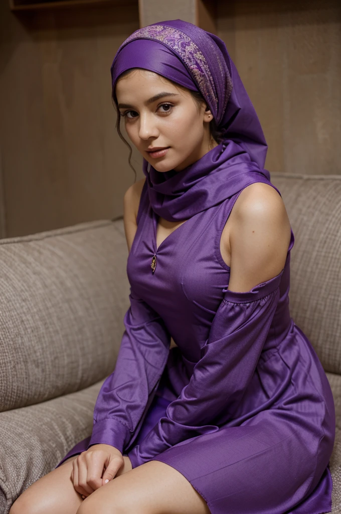 A woman is sitting on her birthday wearing a purple dress, wear a headscarf,