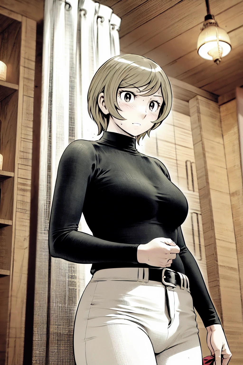 、(masterpiece、Highest quality)、Highest quality, Ultra-high resolution, (((masterpiece))), alone, Sweat、Big eyes,Tight black shirt、Tight white pants、belt、indoor、Composition from the front、(Cut the back hair short、short hair、blonde、woman)、Shortcuts、Embarrassed face、Cut your hair short、可愛いwomanの子、Big Breasts、Inside the room、Full Color、Baseball uniform