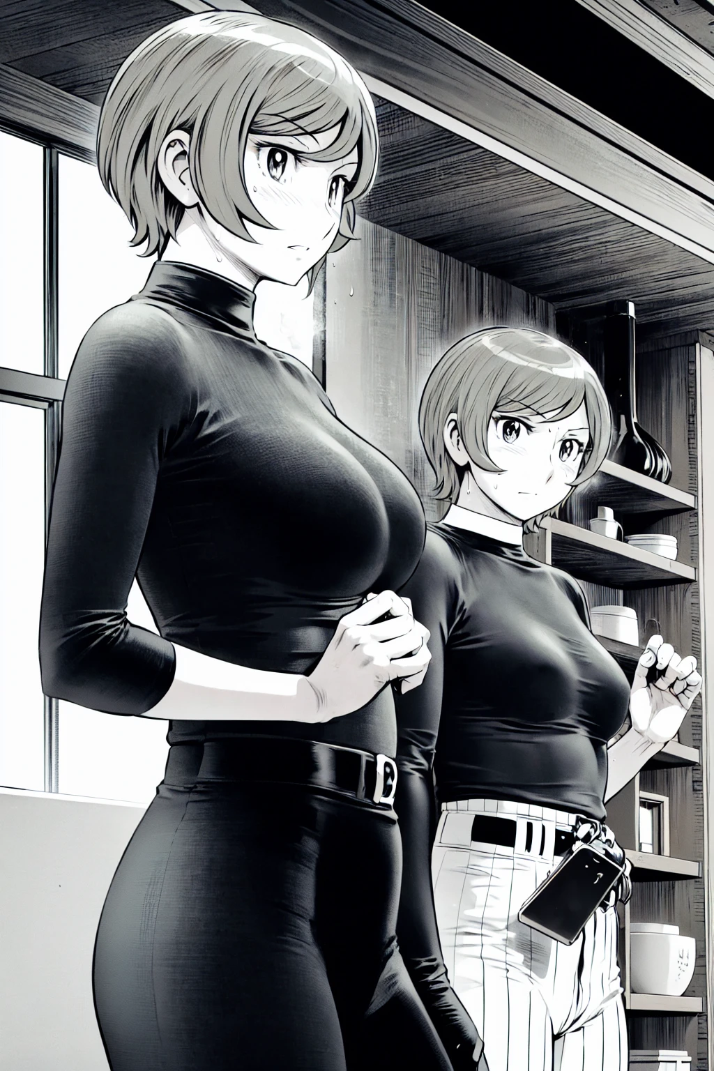 、(masterpiece、Highest quality)、Highest quality, Ultra-high resolution, (((masterpiece))), alone, Sweat、Big eyes,Tight black shirt、Tight white pants、belt、indoor、Composition from the front、(Cut the back hair short、short hair、blonde、woman)、Shortcuts、Embarrassed face、Cut your hair short、可愛いwomanの子、Big Breasts、Inside the room、Full Color、Baseball uniform