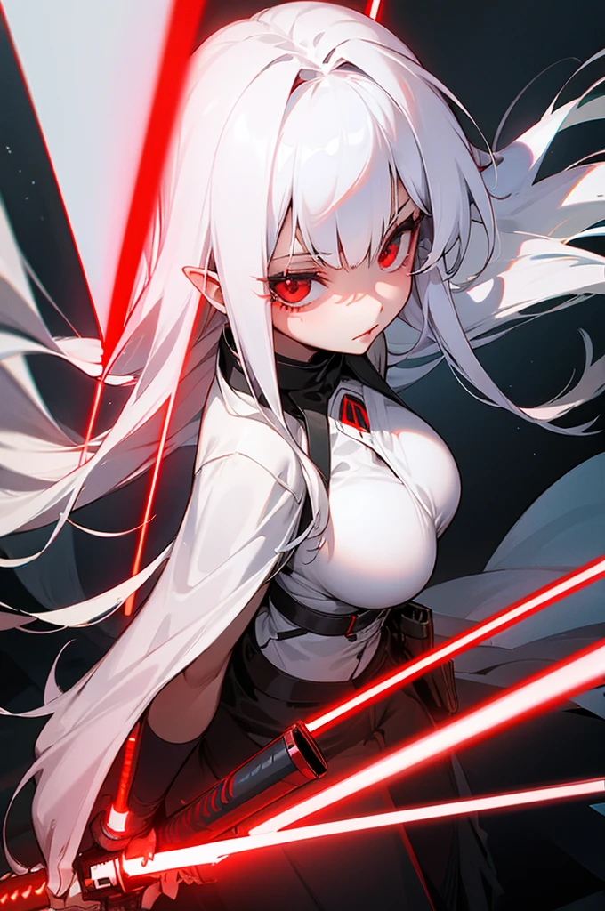 Woman long white hair red eyes big breast lightsaber