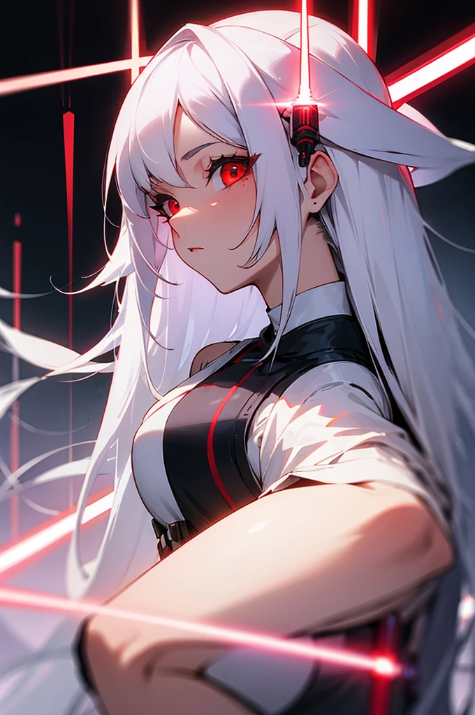 Woman long white hair red eyes big breast lightsaber
