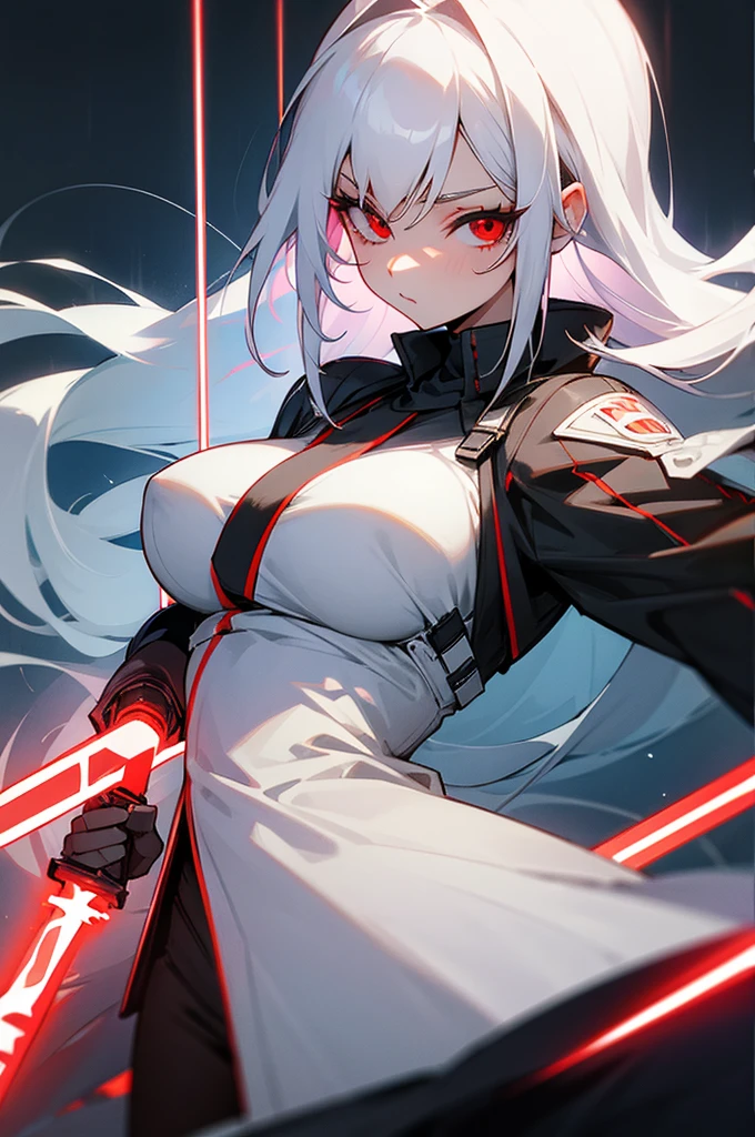 Woman long white hair red eyes big breast lightsaber