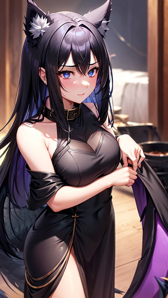 An adult woman, half wolf and dragon, black hair, black wolf ears, black dragon tail, blue eyes, has a collar with a little golden heart, very shy, wide breasts, black and purple dress