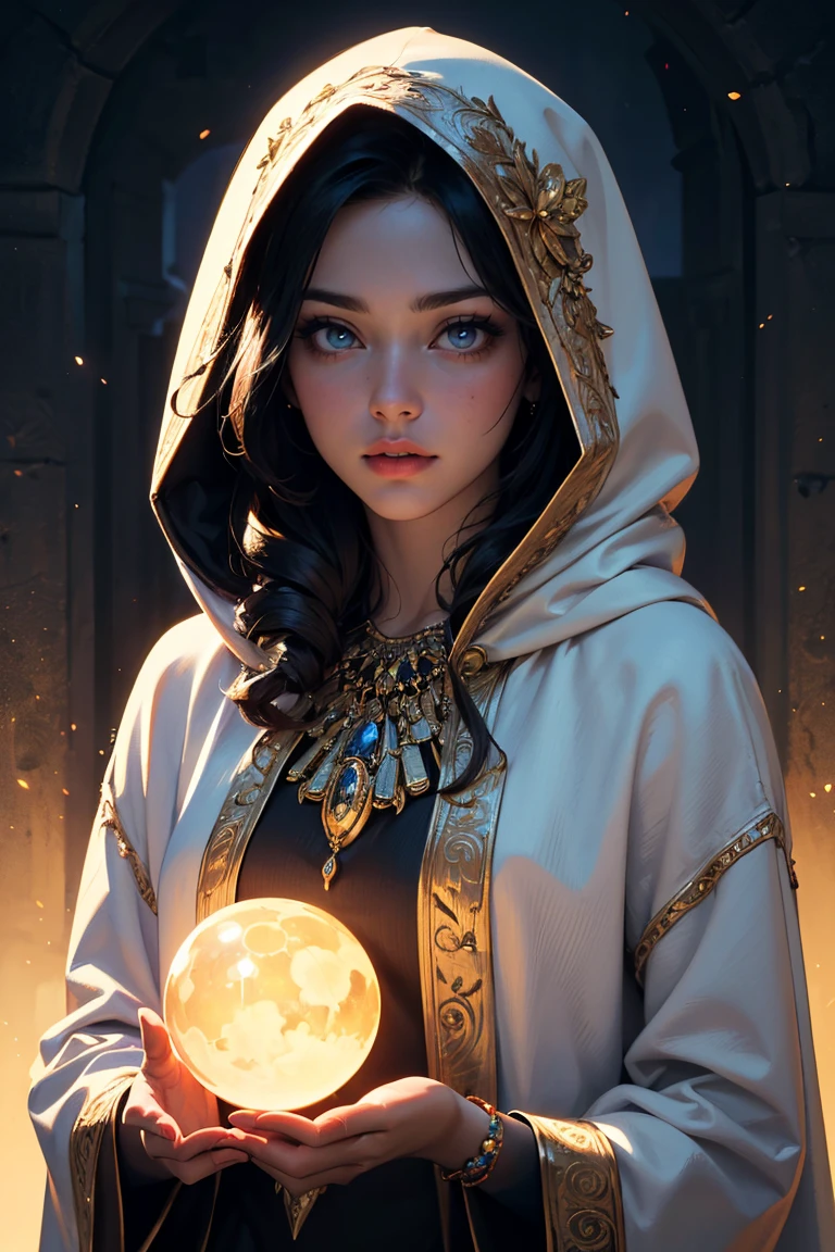 astrologer, 1girl, beautiful detailed eyes, beautiful detailed lips, extremely detailed face and eyes, long eyelashes, hooded cloak, occult symbols, mysterious aura, crescent moon, glowing crystal ball, ethereal lighting, fantasy landscape, mist, deep jewel-toned colors, cinematic lighting, dramatic shadows, (best quality, 4k, 8k, highres, masterpiece:1.2), ultra-detailed, (realistic, photorealistic, photo-realistic:1.37), dramatic, mystical, intricate details