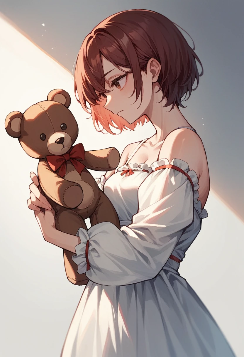  ,brunette skin,short and red hair, with dress and white sleeves, holding a teddy bear 