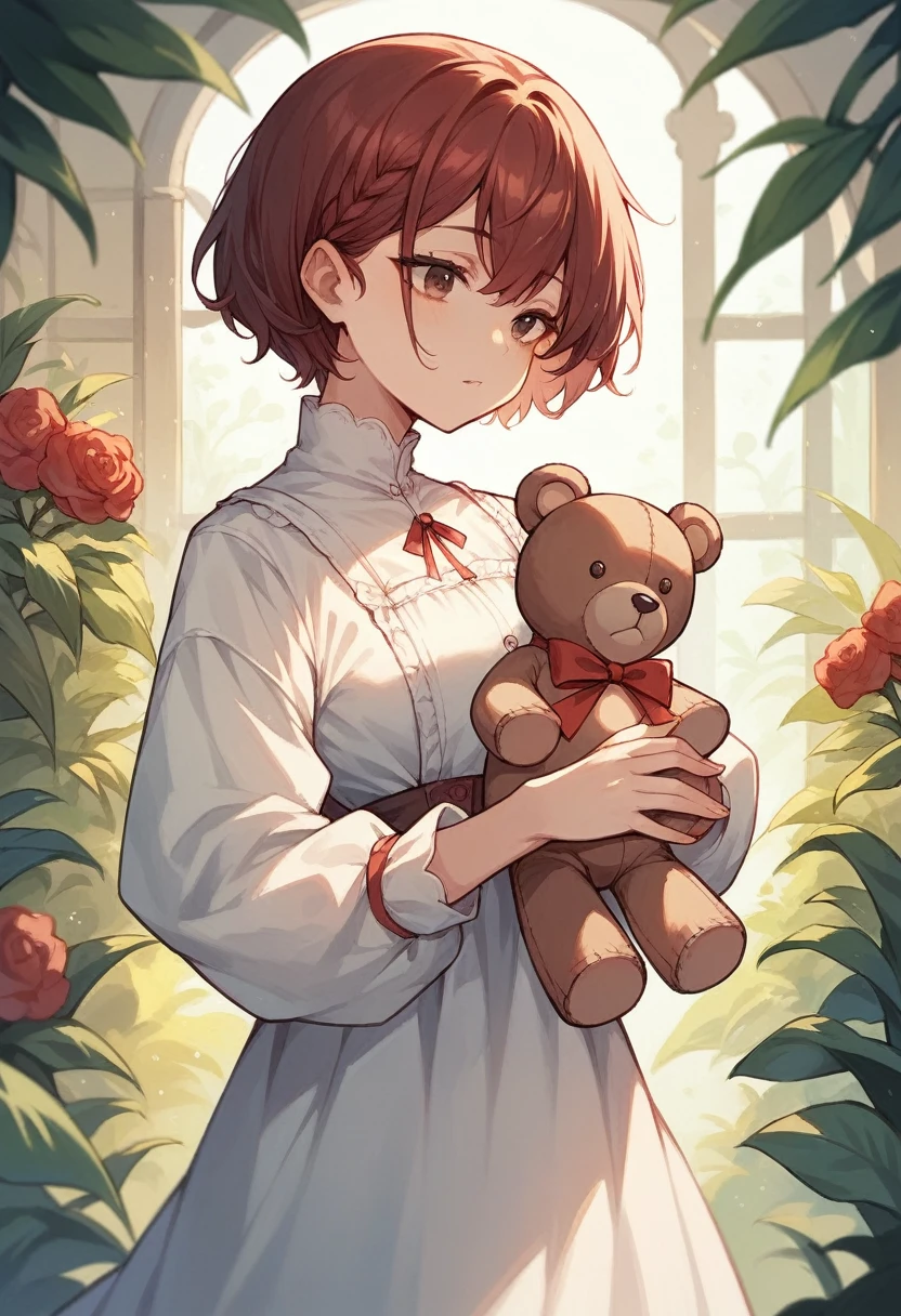 ,brunette skin,short and red hair, with dress and white sleeves, holding a teddy bear