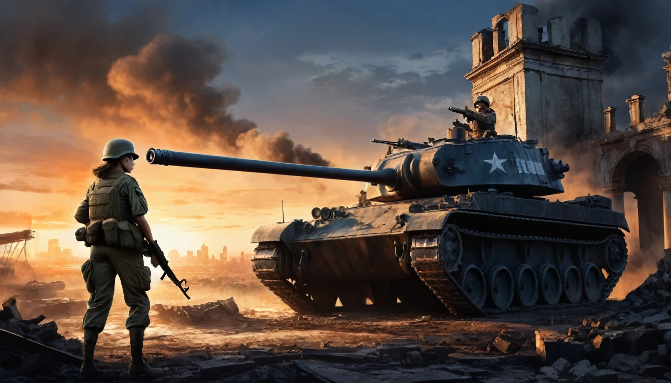（A female soldier stands on the left and touches the tank gun barrel，Saying goodbye，Background is the ruins of the city，Under the sunset：1.5）painting masterpiece, Extremely detailed, Black White Dark Steel Dark Blue Black Light Brown Dark Brown White Light Orange Dark Red Dark Green, Dramatic Lighting, evening, High contrast, steam, FOG, Israeli soldiers fighting with tanks on the battlefield, Movie Lighting, Aspect ratio of 16:9, steam, 4K, professional ominous Concept Art, author：artgerm and greg rutkowski, complex, elegant, Highly detailed digital painting, Concept Art, Smooth, Clear focus, illustration, Simon Starenhagen&#39;s style, Wayne Barlow, 和 igor kieryluk., Acrylic painting, Popular in pixiv Fan Box, Palette knife and brush strokes, Makoto Shinkai&#39;s styleJamie WiseJames GirardEdward HopperGreg RutkowskiStudio GhibliGenshin Impact