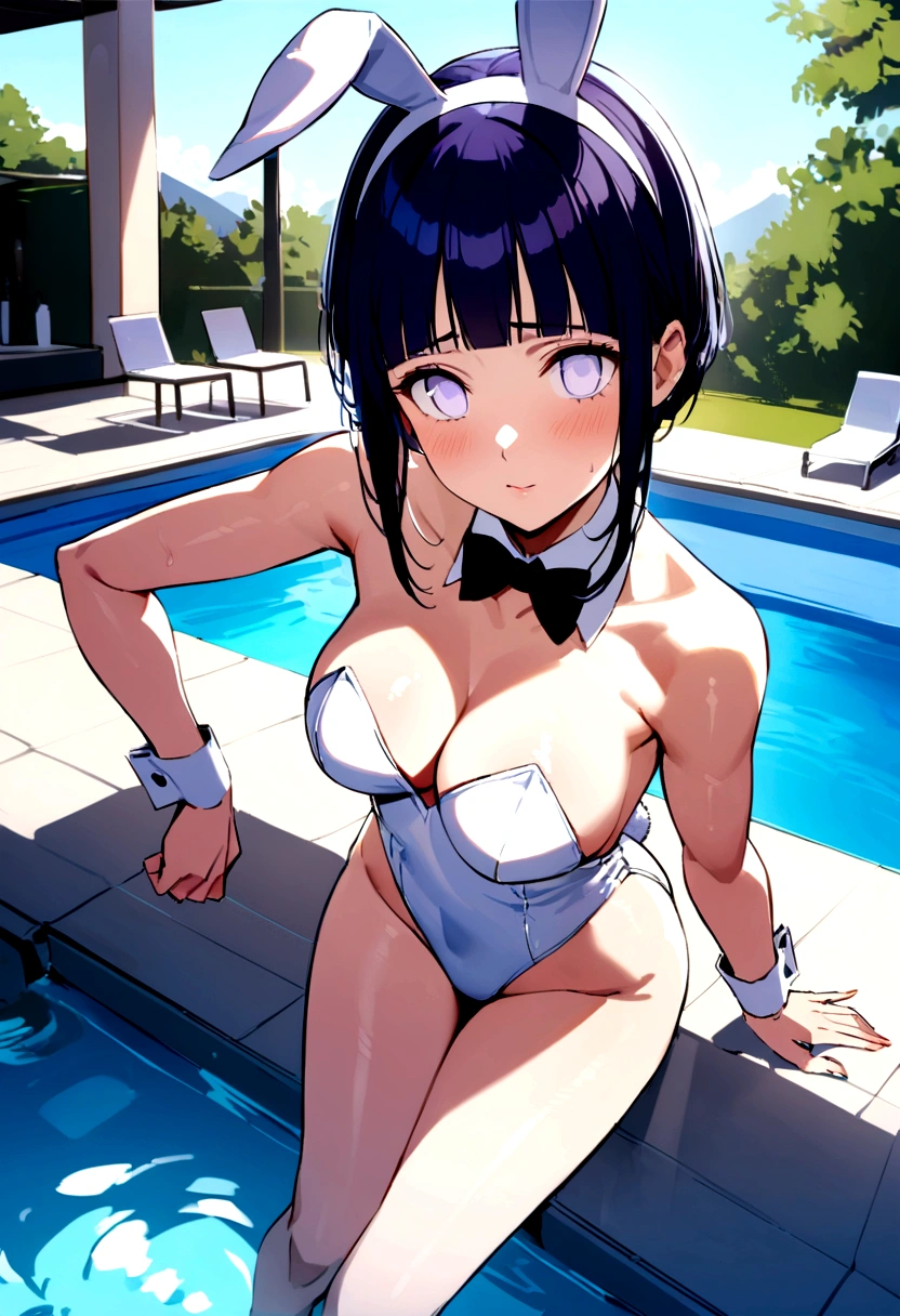 Hyuuga Hinata, teen, short hair, face looking at viewer, sexy bunny, playboy. pool, sunny, whole body, perfect body, perfect legs, perfect arms