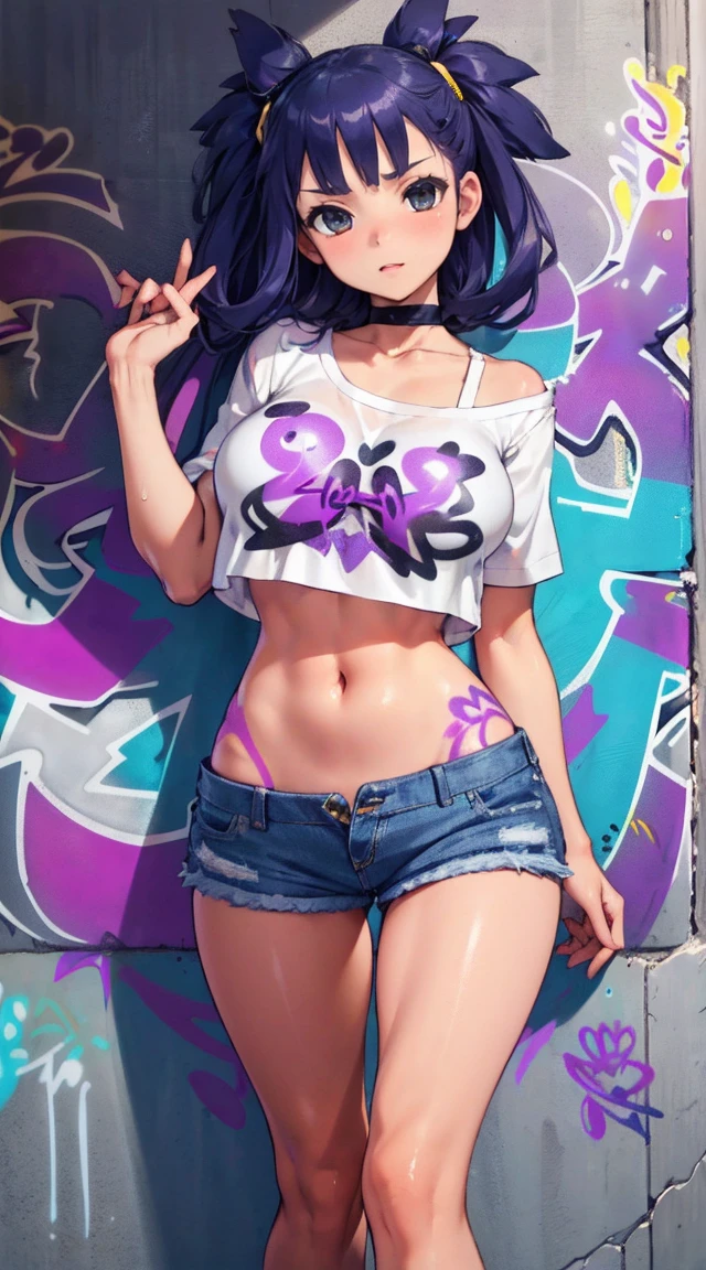 master-piece, bestquality, 1girls, 21 years old, oversized breasts, belt bra, shorts jeans, oversized breasts, ,bara, crop top, shorts jeans, choker, (Graffiti:1.5), Splash with purple dragon pattern., arm behind back, against wall, View viewers from the front., Thigh strap, Head tilt, bored, water eyes,