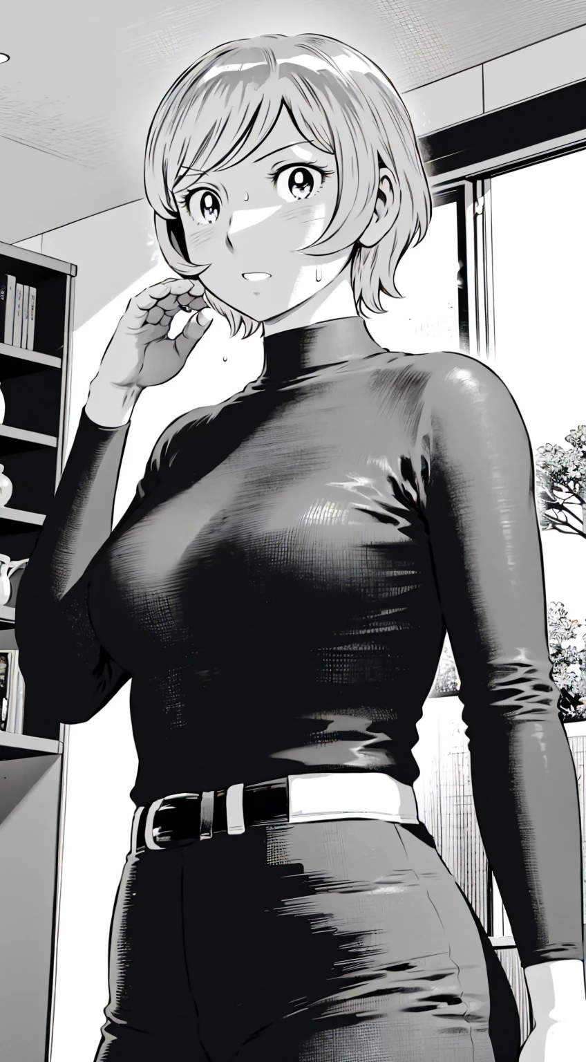 、(masterpiece、Highest quality)、Highest quality, Ultra-high resolution, (((masterpiece))), alone, Sweat、Big eyes,Tight black shirt、Tight white pants、belt、indoor、Composition from the front、(Cut the back hair short、short hair、blonde、woman)、Shortcuts、Embarrassed face、Cut your hair short、可愛いwomanの子、Big Breasts、Inside the room、Full Color、Baseball uniform