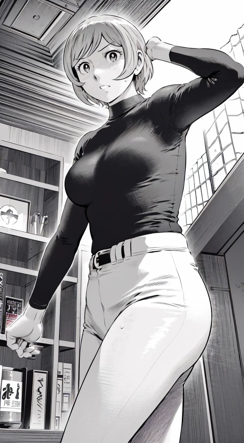 、(masterpiece、Highest quality)、Highest quality, Ultra-high resolution, (((masterpiece))), alone, Sweat、Big eyes,Tight black shirt、Tight white pants、belt、indoor、Composition from the front、(Cut the back hair short、short hair、blonde、woman)、Shortcuts、Embarrassed face、Cut your hair short、可愛いwomanの子、Big Breasts、Inside the room、Full Color、Baseball uniform