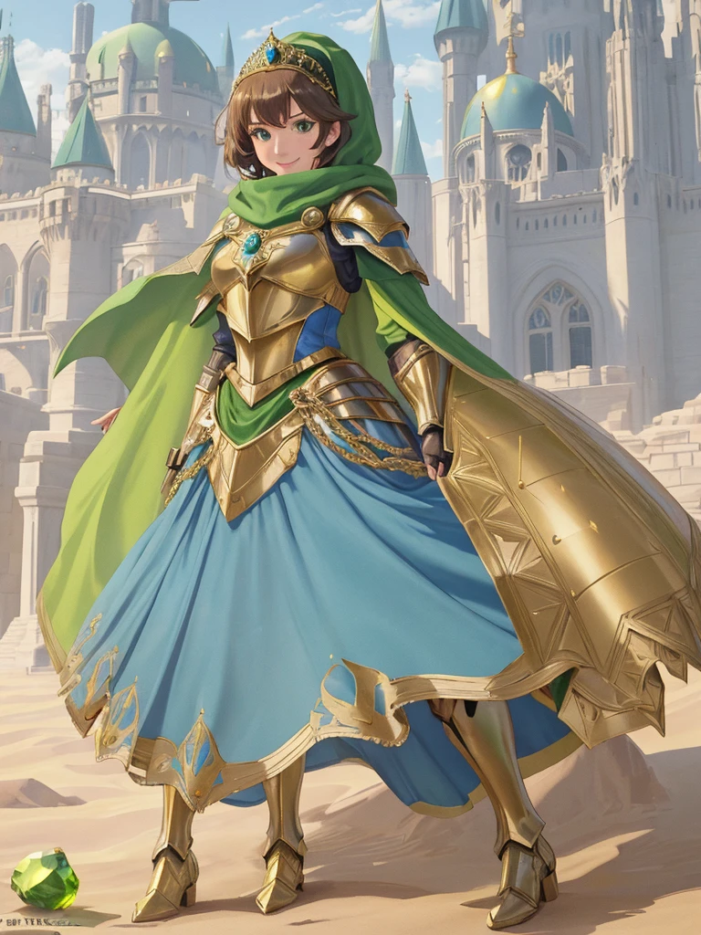 masterpiece, best quality:1.2), 1girl, smile, looking at viewer, green eyes, short brown hair, princess, armor, blue hijab headscarf, pauldrons, armored dress, green cloak cape, wearing puffy blue ballgown skirt, golden tiara with green gem, armored boots, fingerless gloves, standing in front of desert castle