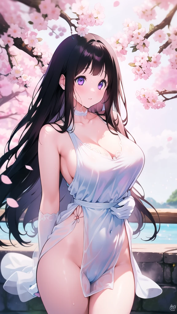 Amazing Chitanda, There is only one beautiful girl,Purple Eyes, Black Hair, Very red face,Very white skin,Glowing skin,Skin as delicate as porcelain,Naturally straight hair, Straight bangs,Extremely refined,Open lips,Long flowing hair,Beautiful Girl, Like a dream,Slim,Slim waist,Soft, (Sensual), (Kawaii), Dream quality,Beautiful big breasts,Sheer loose dress,Areola,Completely naked,Lower edge of breast,White gloves,Flower decoration,Deep V neckline,Loose neckline,Wide neckline,In school,The wind blows the hair,Place your hands on your inner thighs,Thighs clamp hands,Wet skin,Sweaty and sweaty,Sweating all over,it is raining,Next to the cherry blossom trees,Back to,Lean over,Hips,Side body,Gluteal groove,Completely naked的臀部,Bare back,Completely naked的背部,Light transmission,(no pants),nopan,pussy juice,Bare shoulders,There are no shoulder straps,Bare neck,Exposed collarbone,Exposing breasts,Exposing breasts侧面,Exposing breasts下面,Show your waist,Show your buttocks,Show your thighs,Exposing the groin,(No pants),extremely shy,Ultra-high resolution, (masterpiece:1.2, best quality), (Delicate and beautiful eyes: 1.2), (Beautiful and delicate face)