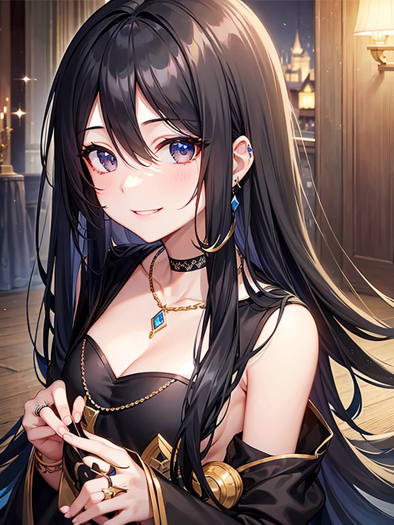 Long black hair、Half Up、black eye、woman、Face close-up、smile、European Castles、Blue Dress、Earrings、necklace、bracelet、ring、Decorations、Light