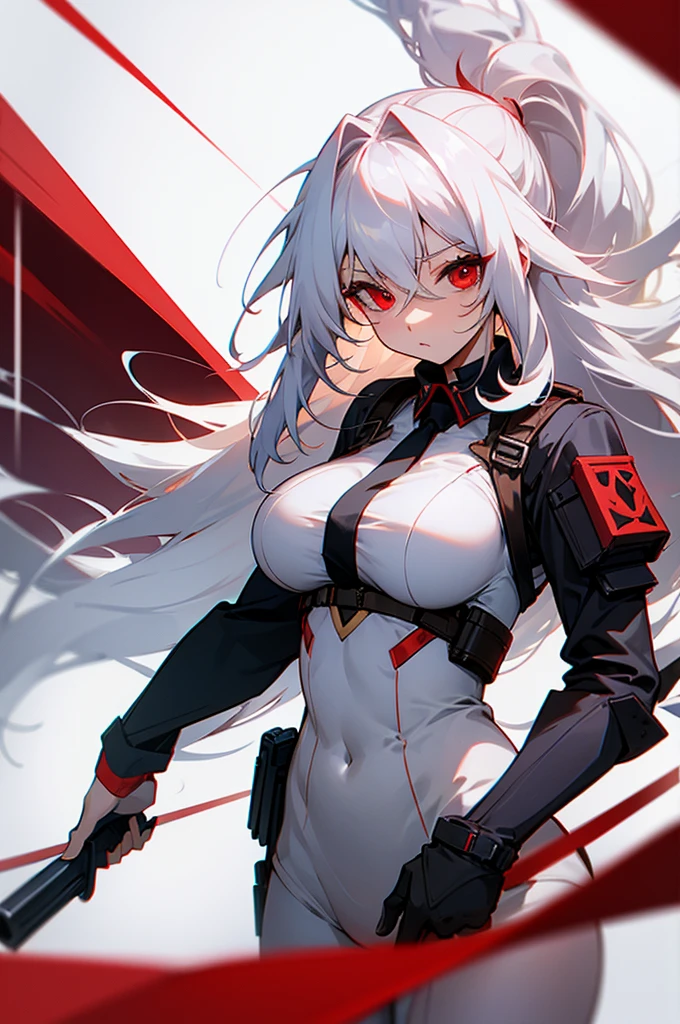 Woman long white hair red eyes big breast gun