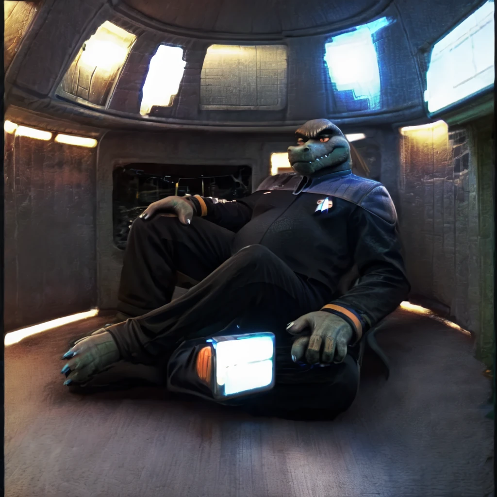 (((Barefoot scaley character, full body, cinematic setting, furry male, plantigrade))) 
Doctor (((kingkrool))), crocodile, green skin, reptile, gold bracelets, scales, bloodshot eye, fat, obese,
exudes confidence and authority, wears star trek DS9 doctor teal uniform, ((ds9st, black and grey star trek uniform, grey shoulders, teal neck, black jumpsuit, black pants)) dynamic pose, holding medical tricorder,
((starship interior with many screens and consoles)), futuristic look, metalic, bright colors
BREAK, intricate details, highly detailed, extreme detail, octane render, fine art, best quality, highres, (detailed face:1.5), ((full_body)), UHD, (((perfect hands))), ((low light:1.5))