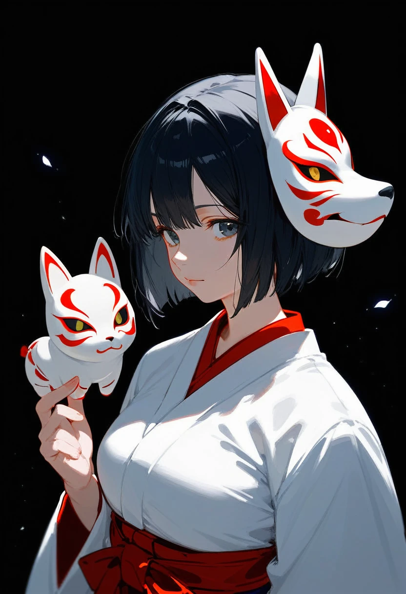 score_9, score_8_up, score_7_up, 1girl, short hair, reverse bob cut, black hair, miko, fox mask, mask on, Japanese clothes, kimono, white kosode, white kimono, red hakama skirt, sleeves past wrists, upper body, black background, simple background, masterpiece, Very aesthetic, best quality, white background