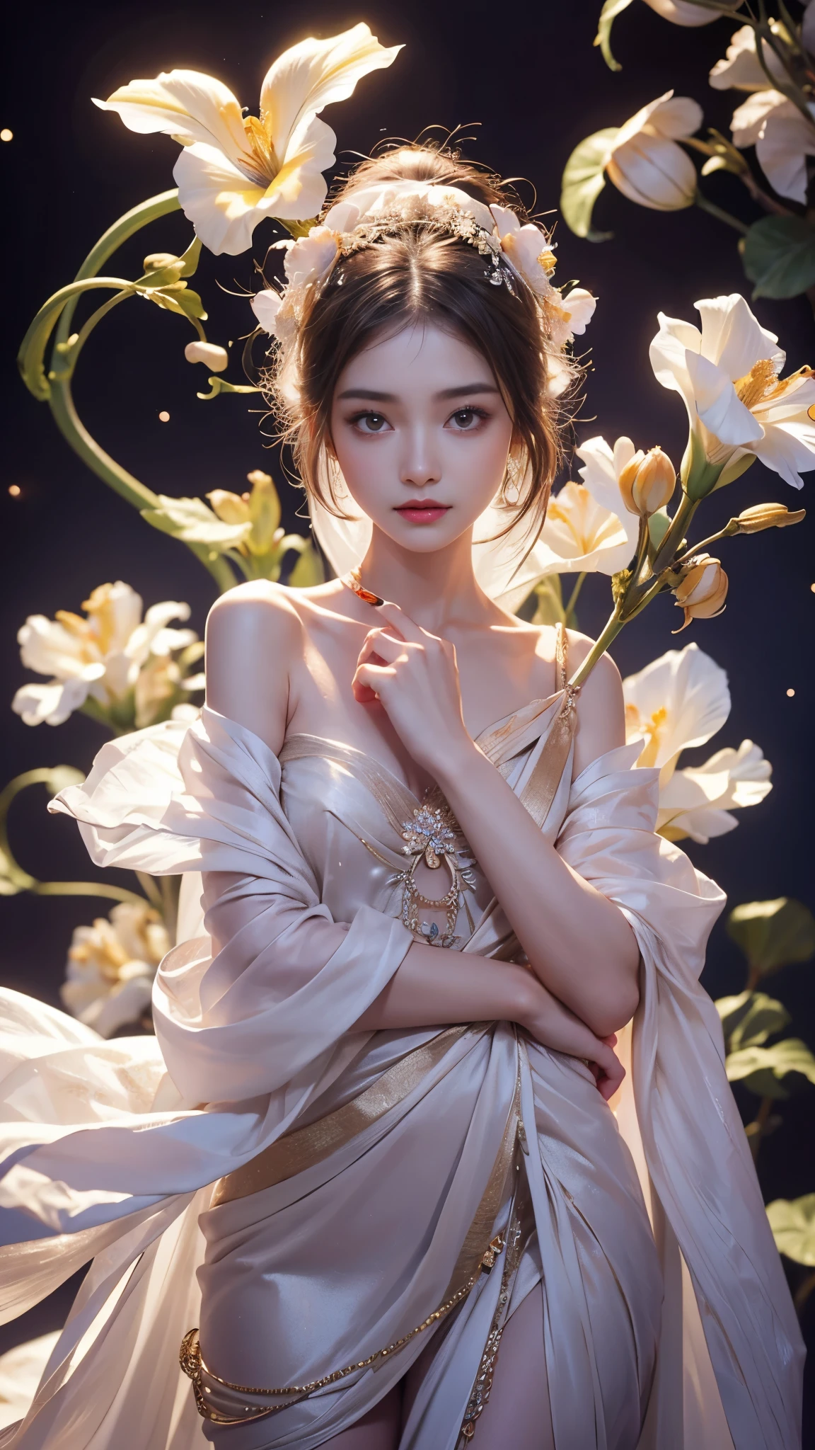 Full figure, 1 girl, -clinging shooting, 18 years old, white firefly clothes, strap clothes, glowing clothes, ornaments, exquisite faces, details, hands, ultimate details, amazing magnificence, Pedaipan style, fiber hair, glowing white iris, ((glowing flower)),