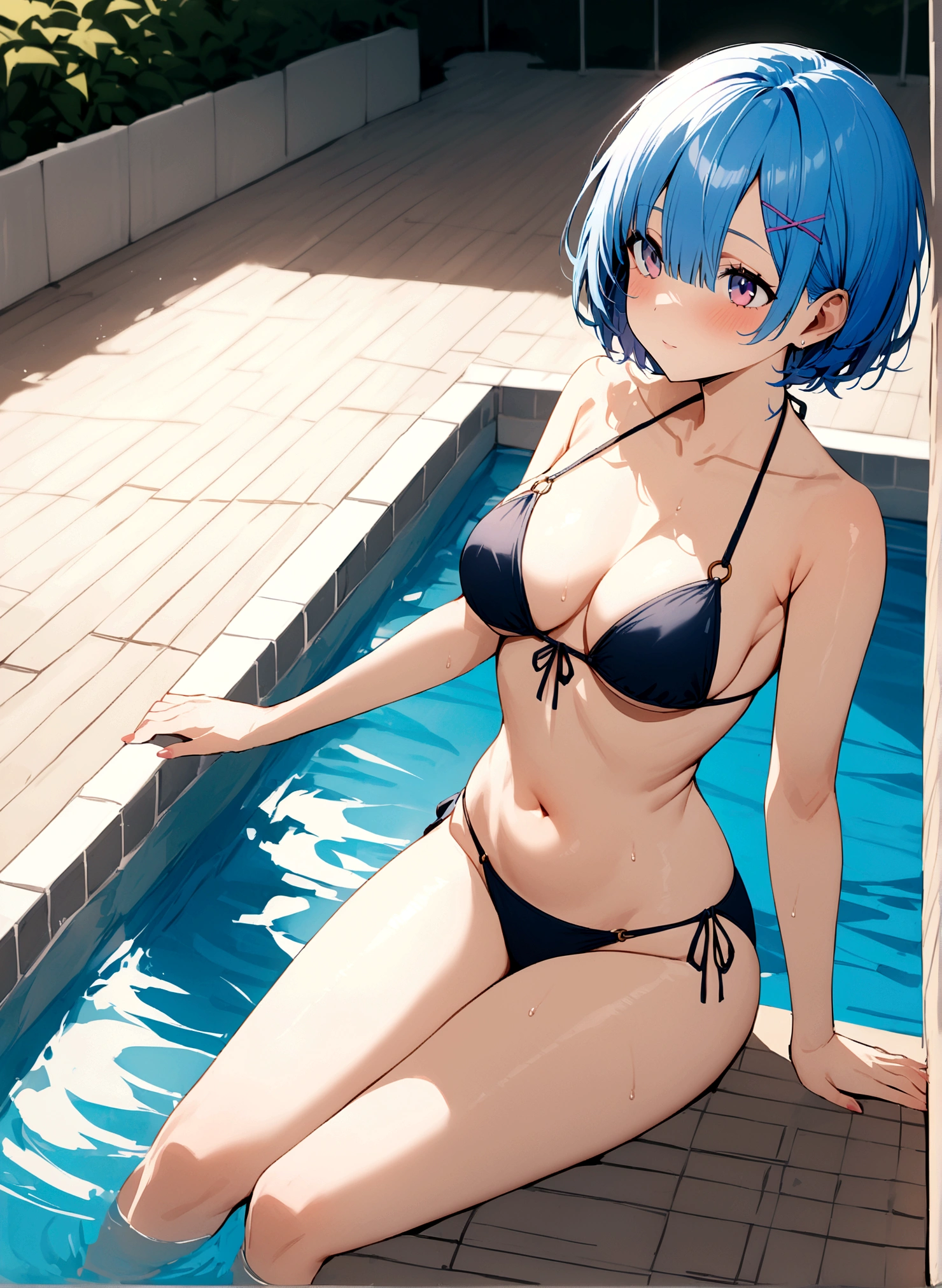 masterpiece, Highest quality, Rem, One girl,,Beautiful eyes,Blue Hair,bikini,whole body,Poolside