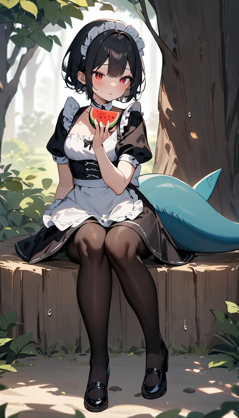 A girl sits under a tree，Holding a piece of watermelon in his hand，sweating a lot，Full body view，（masterpiece：1.2），Best quality，Very detailed, Red eyes，Black short hair，Maid costume，Black pantyhose，Shark Tail，Body curves，Chest half covered