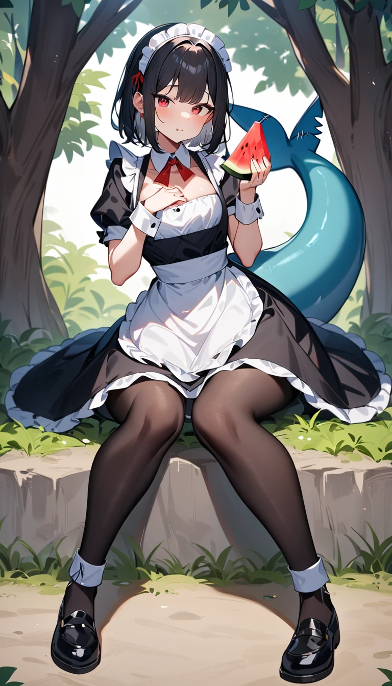 A girl sits under a tree,Holding a piece of watermelon in his hand,sweating a lot,Full body view,(masterpiece:1.2),Best quality,Very detailed, Red eyes,Black short hair,Maid costume,Black pantyhose,Shark Tail,Body curves,Chest half covered