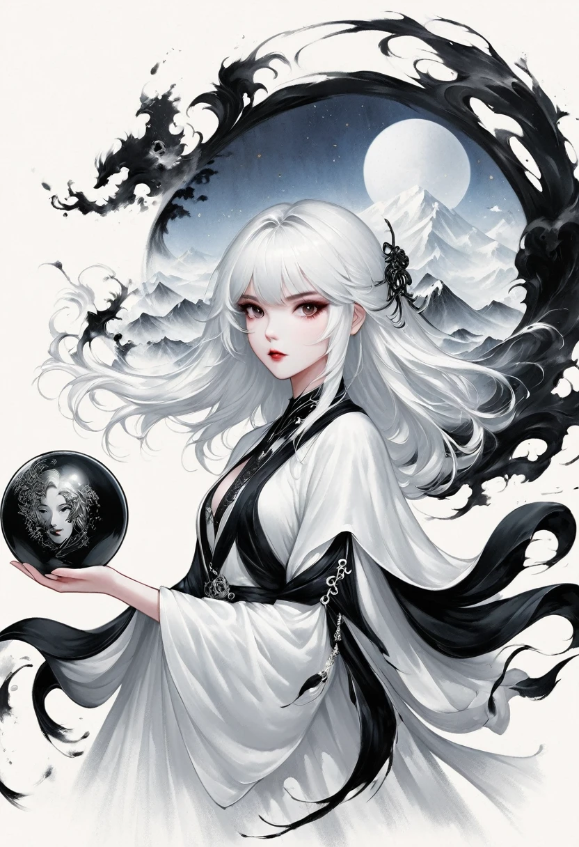 (Lots of white space:1.5)，(Lots of white space around:1.6), White background, simple, Minimalism, Abstract,Hand Painted，Aesthetic，black and white，Ink Painting，，a mountain，Magician, Holding a magic ball in hand ,A beautiful artistic illustration, author：Li Song, Arte no estilo de Gu Weiss, Shin Jin Hye, Obra-prima de Gu Weiss, Ross Figure 1. 0, Beautiful digital illustrations, Inspired by Non-WLOP, Cute and lovely digital art, jingna zhang, Gu Weiss, Stunning digital illustrations