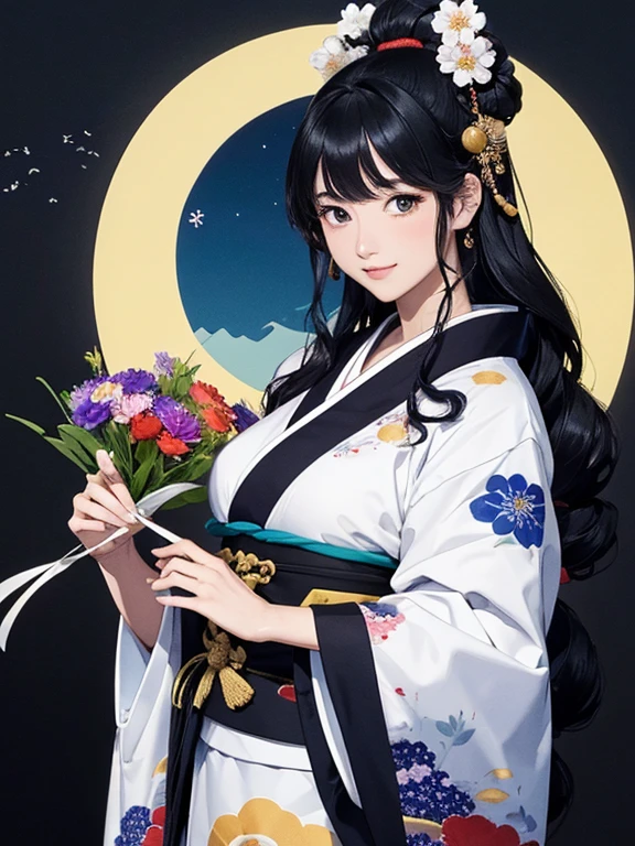 (Highest quality、masterpiece、High resolution、8K)、Ukiyo-e、Vibrant colors、Katsushika Hokusai、1 female、Black hair Japanese topknot、whole body、The kimono has a vivid floral pattern on a white background.、Official Art、背景はUkiyo-e風、White waves and Mt. Fuji、Flowers and Moon、White waves and the moon
