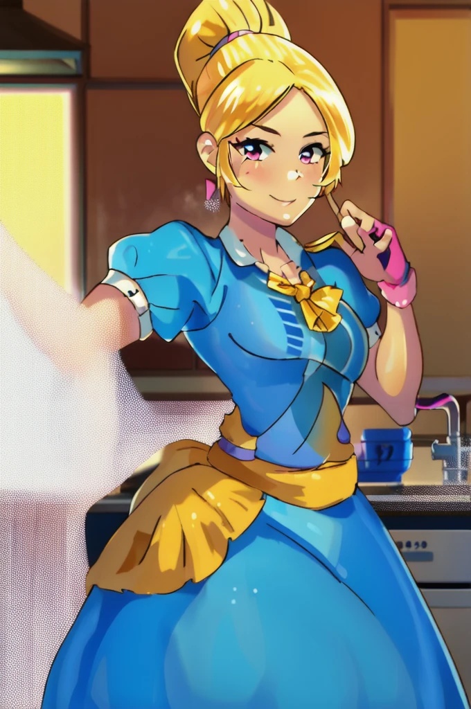 (masterpiece, best quality:1.2), cowboy shot, solo, 1girl, piper, smile, looking at viewer, (hand on own cheek:1.2), blonde hair, ponytail, blue dress, puffy short sleeves, fingerless gloves, kitchen